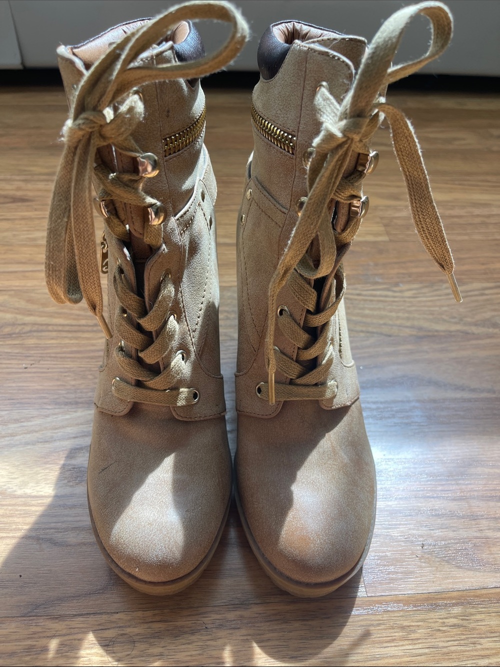 GUESS Taupe Lace-Up Ankle Boots with Gold Hardware